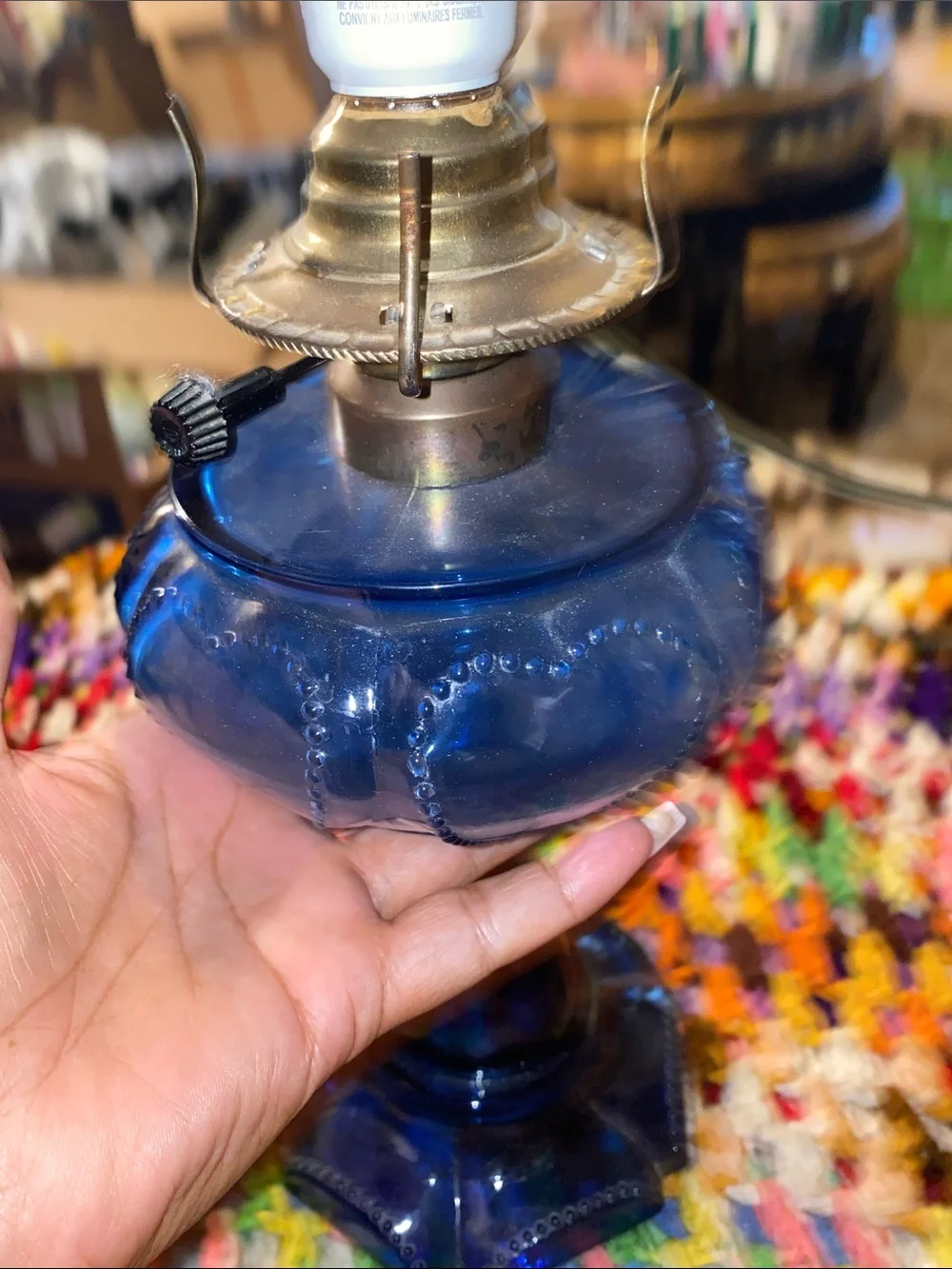 Vintage Findlay Queen Of Hearts Blue Glass Electric Oil Lamp clear Glass Chimney